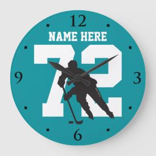 Personalised Hockey Player Name Number Shark Teal Large Clock