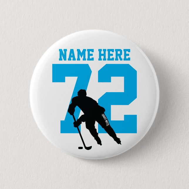 Personalised Hockey Player Name Number Turquoise 6 Cm Round Badge (Front)