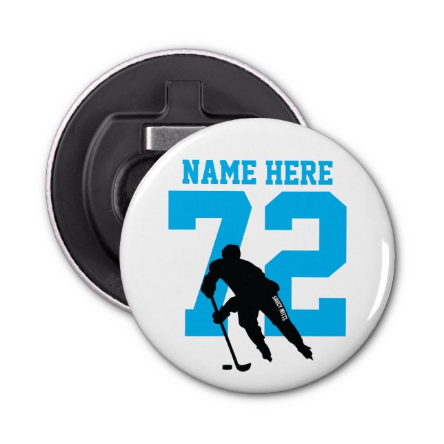 Personalised Hockey Player Name Number Turquoise Bottle Opener (Front)