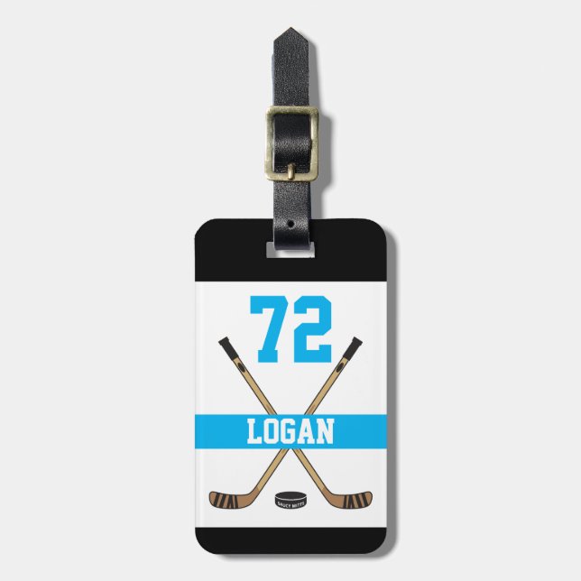 Personalised Hockey Player Name Number Turquoise Luggage Tag (Front Vertical)