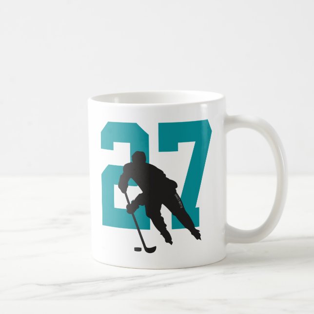 Personalised Hockey Player Number Teal Blue Coffee Mug (Right)