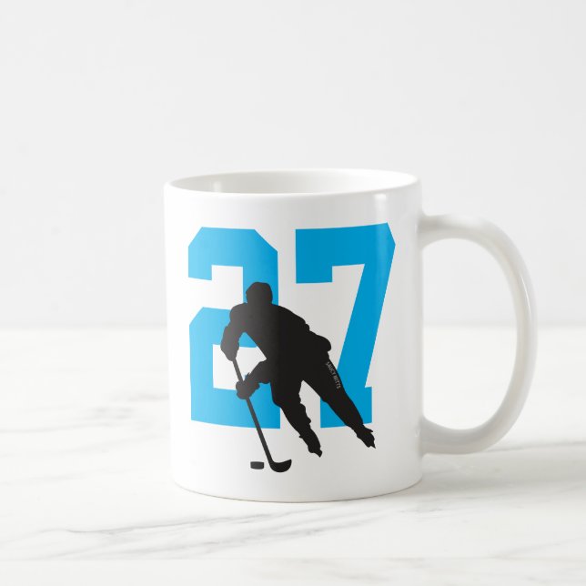 Personalised Hockey Player Number Turquoise Blue Coffee Mug (Right)