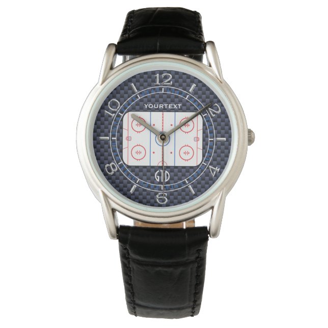Personalised Hockey Rink Diagram Blue Carbon Style Watch (Front)