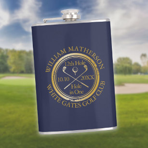 Personalised Hole in One Gold And Navy Blue Golf Hip Flask