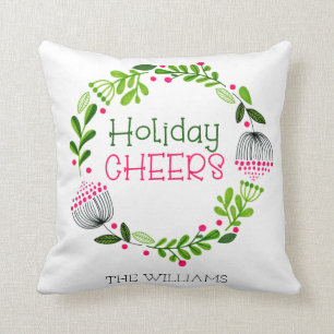Personalised Holiday Cheers Wreath Pink & Green Cushion