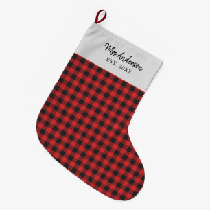Personalised Holiday Gingham Black Red Rustic Large Christmas Stocking