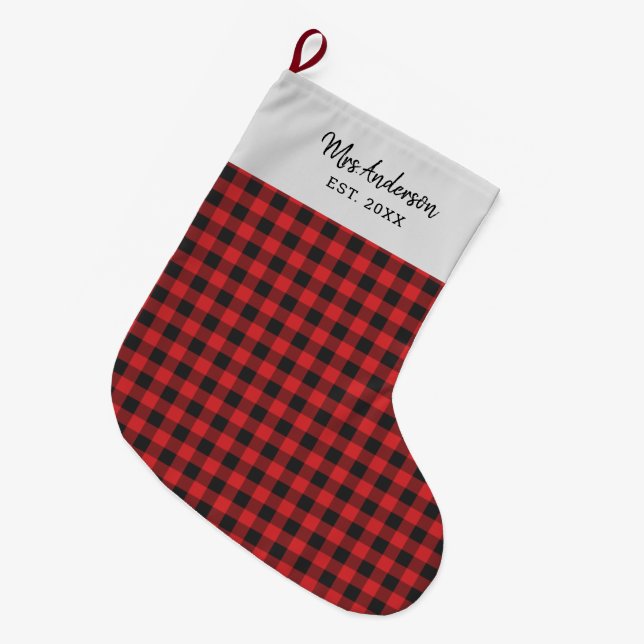 Personalised Holiday Gingham Black Red Rustic Large Christmas Stocking (Front (Hanging))
