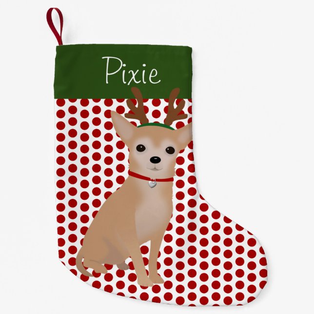 Personalised Holiday Tan Chihuahua and Red Dots Small Christmas Stocking (Front)