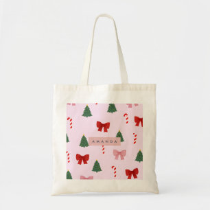 Personalised Holiday Tree & Candy Cane Pattern Tote Bag
