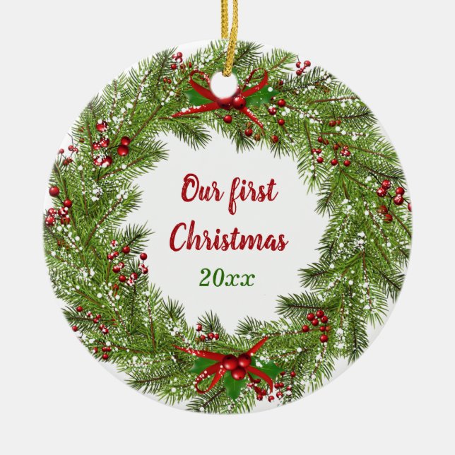 Personalised Holiday Wreath Christmas Ceramic Orna Tree Decoration (Front)