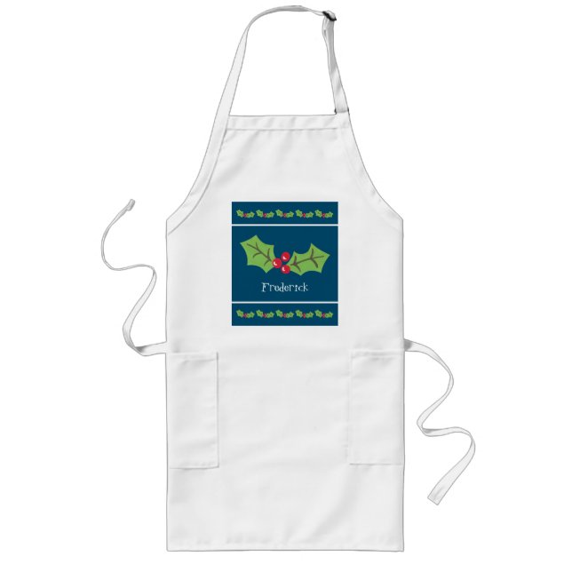 Personalised Holly & Berries Christmas Long Apron (Front)