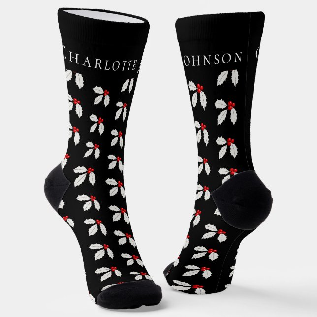 Personalised Holly Berry Black & White Christmas Socks (Angled)