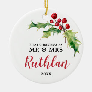 Personalised Holly Berry Greenery Newlyweds Custom Ceramic Tree Decoration