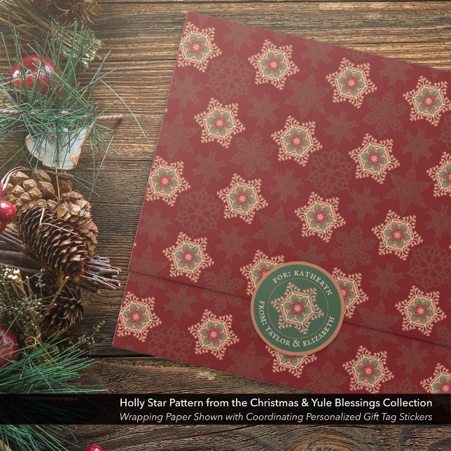 Personalised Holly Star Green Gift Tag Stickers (Personalized Holly Star Green Gift Tag Stickers Shown with Coordinating Wrapping Paper.)