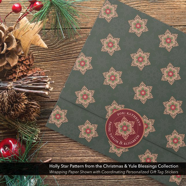Personalised Holly Star Red Gift Tag Stickers (Personalized Holly Star Red Gift Tag Stickers Shown with Coordinating Wrapping Paper.)