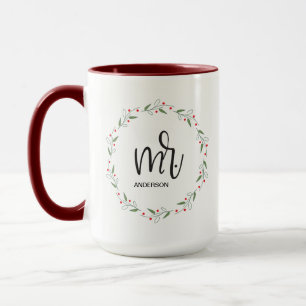 Personalised holly wreath Our First Christmas Mr. Mug
