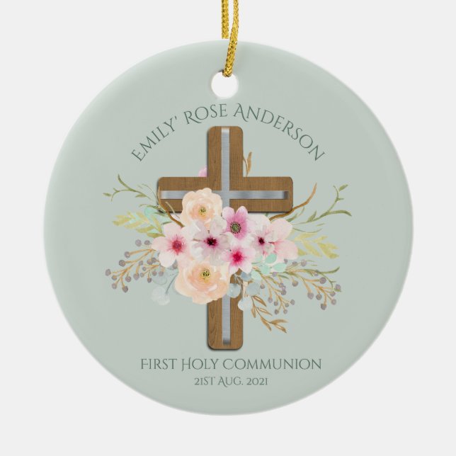 Personalised Holy Communion Floral Cross Ceramic Tree Decoration (Front)