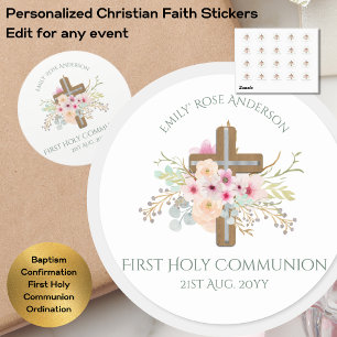 Personalised Holy Communion Floral Cross Classic Round Sticker