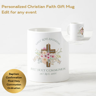 Personalised Holy Communion Floral Cross Coffee Mug