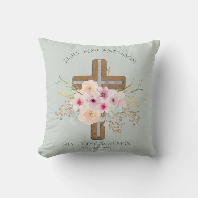 Personalised Holy Communion Floral Cross Cushion (Front)