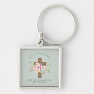 Personalised Holy Communion Floral Cross Key Ring