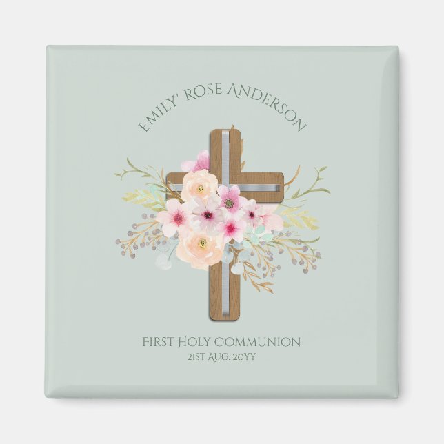 Personalised Holy Communion Floral Cross Magnet (Front)