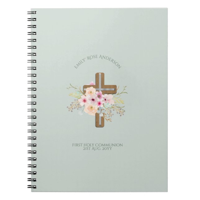 Personalised Holy Communion Floral Cross Notebook (Front)