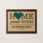Personalised Home Sweet Home Family Welcome Sign Jigsaw Puzzle<br><div class="desc">Customise it with your family name,  date of establishment and background colour. A unique gift for Housewarming.</div>