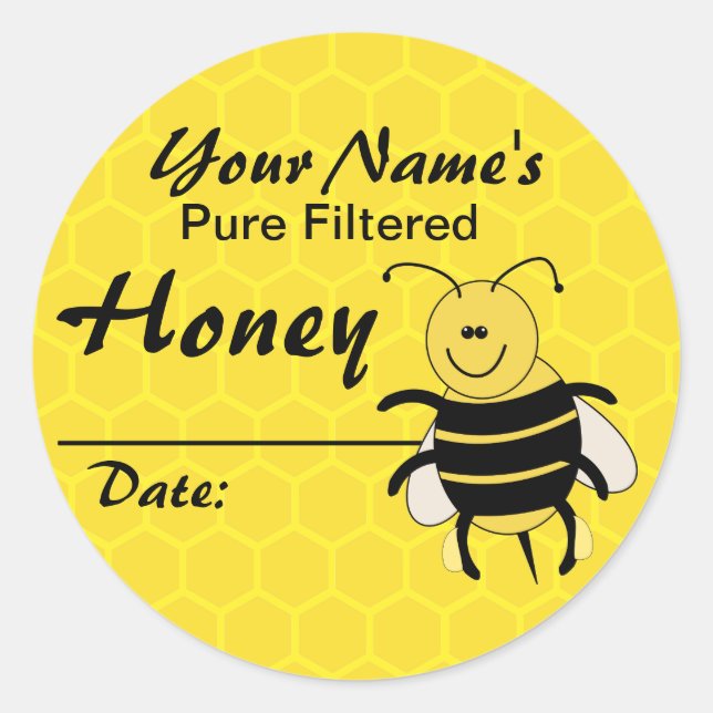 Personalised Honey Label Cartoon Bee Round Sticker (Front)