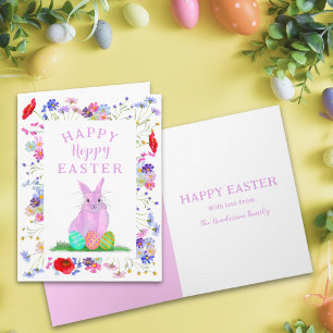 Personalised Hoppy Easter Cute Pink Bunny Floral Card