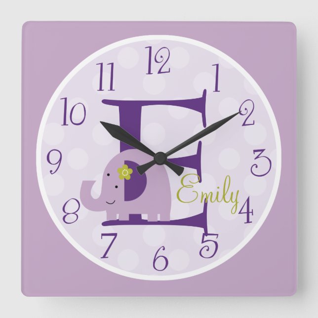 Personalised Hopscotch Lavender Elephant Clock (Front)