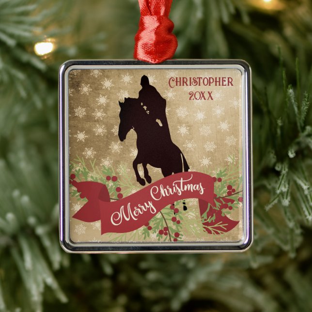 Personalised Horse Jumping Merry Christmas Metal Tree Decoration (Tree)