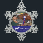 Personalised Horseback Riding Photo Equestrian Snowflake Pewter Christmas Ornament<br><div class="desc">Add a photo of your horse or rider to this beautiful Snowflake Christmas tree ornament.  There's also room for two lines of custom text - name,  year,  etc.  Easily change the background colour too!</div>