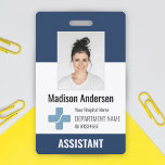 Personalised Hospital Employee Logo & Photo ID ID Badge<br><div class="desc">Personalised Hospital Employee Logo & Photo ID Navy Blue and White Modern Badge
Your Health Care Company Logo Photo Clip Doctor and Nurse Name Badge.</div>