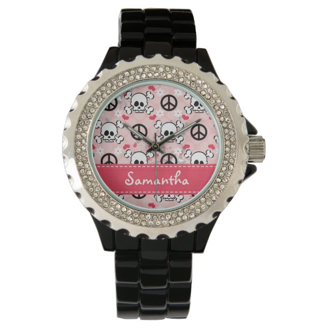 Personalised Hot Pink and Black Skull Watch (Front)
