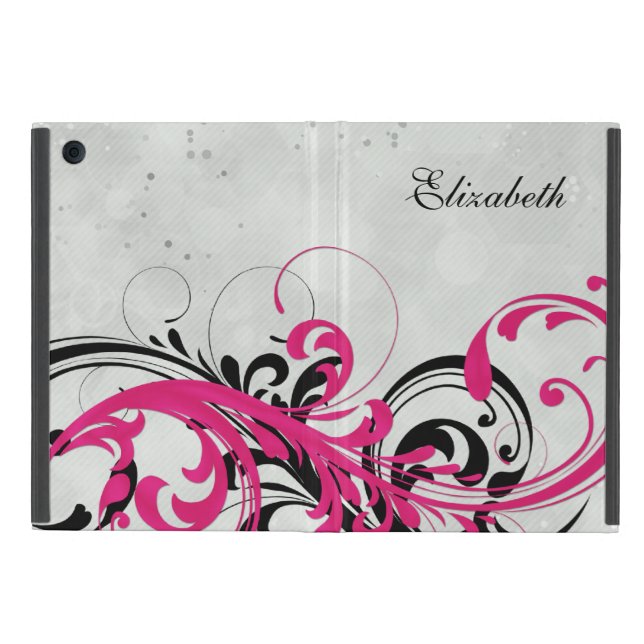 Personalised Hot Pink Black Floral iPad Mini Folio Cover (Outside)