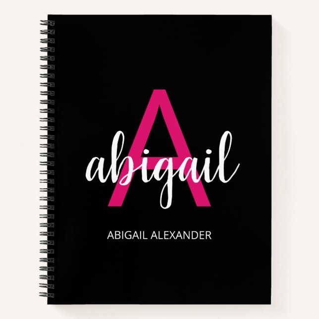 Personalised Hot Pink Black Modern Monogram Name Notebook (Front)
