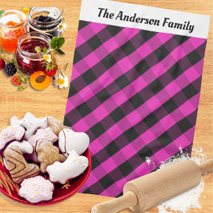 Personalised Hot Pink Buffalo Plaid Check Pattern  Tea Towel