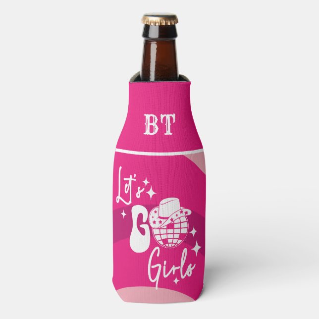 Personalised Hot Pink Disco Cowgirl Let's Go Girls Bottle Cooler (Bottle Front)