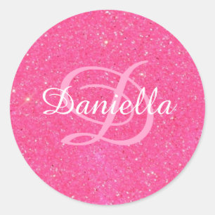 Personalised Hot Pink Faux Glitter Monogram Classic Round Sticker
