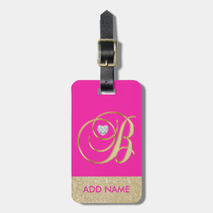 Personalised Hot Pink Gold Monogram Letter B Luggage Tag
