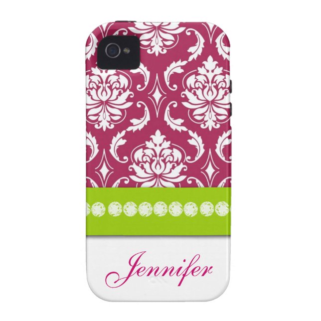 Personalised Hot Pink Green White Damask Case-Mate iPhone Case (Back)