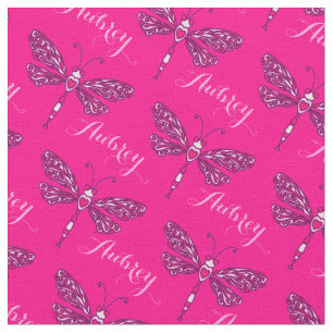 Personalised hot pink name dragonfly inked pattern fabric