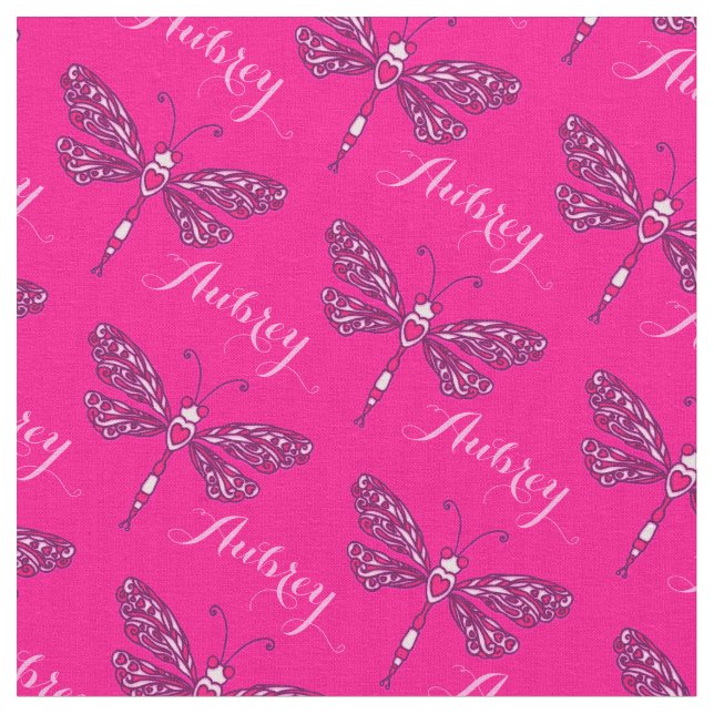 Personalised hot pink name dragonfly inked pattern fabric (Close Up)