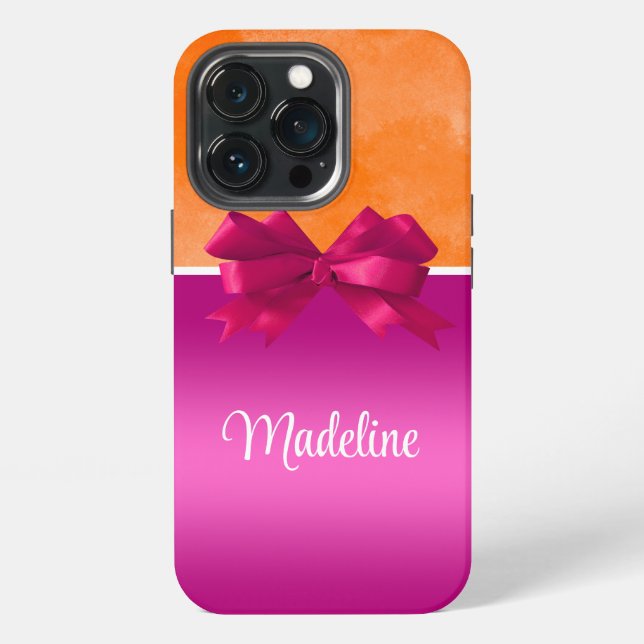 Personalised Hot Pink & Orange with Bow iPhone Case (Back)