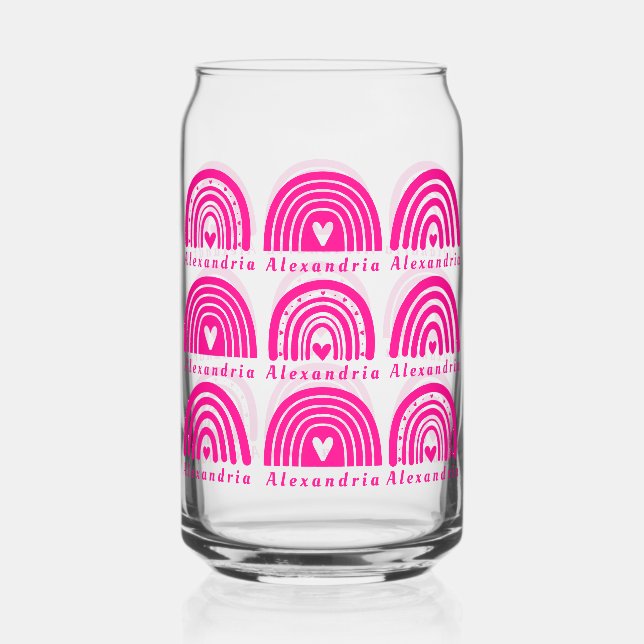 Personalised Hot Pink Rainbow Can Glass (Front)