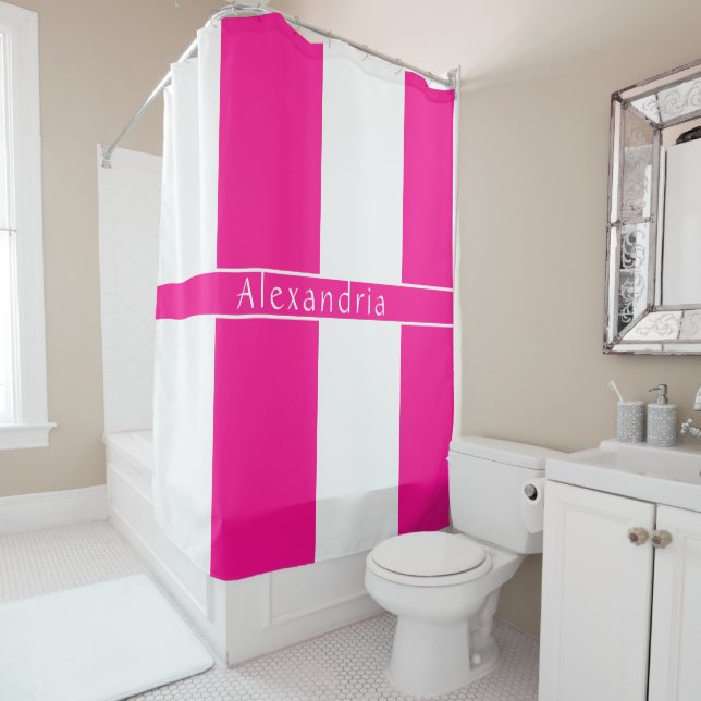 Personalised Hot Pink Striped Shower Curtain (In Situ)