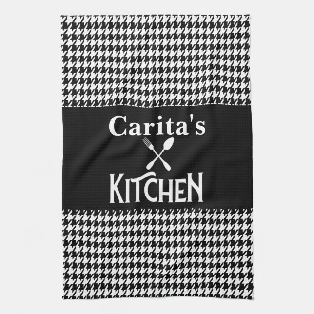 Personalised Houndstooth Pattern Kitchen Towel (Vertical)