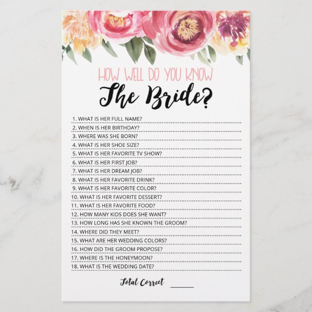 Personalised How well do you know the Bride game (Front)