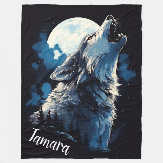Personalised Howling Wolf Fleece Blanket (Front)